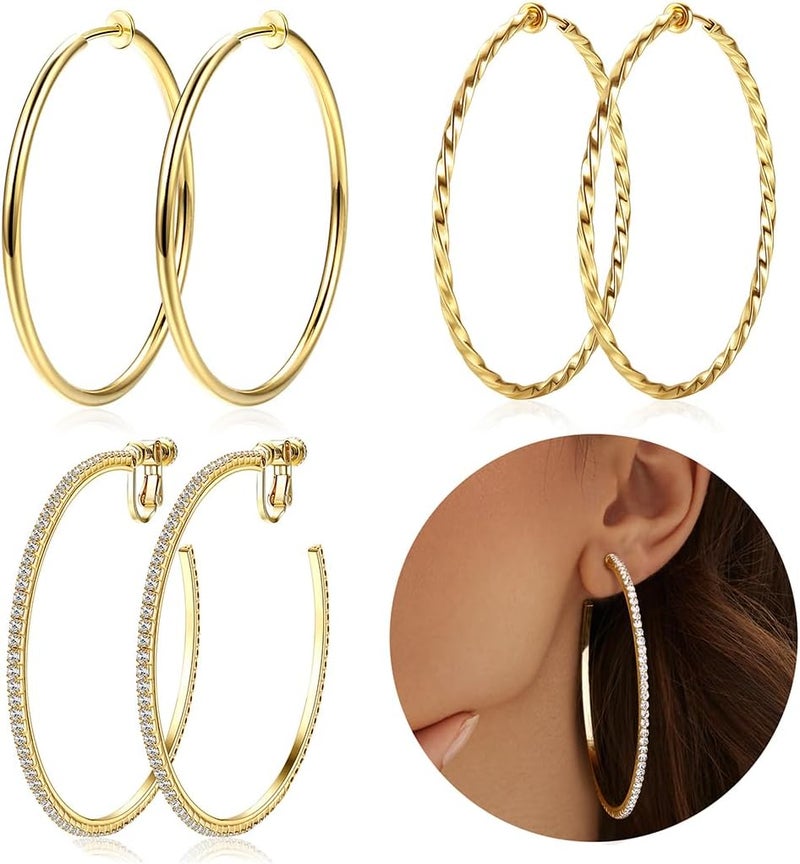 Adramata Clip On Hoop Earrings for Women Non Pierced Ears,Gold Clip On Earrings Non Piercing Big Stainless Steel Fake Hoops Lightweight 30-60mm - Image 1